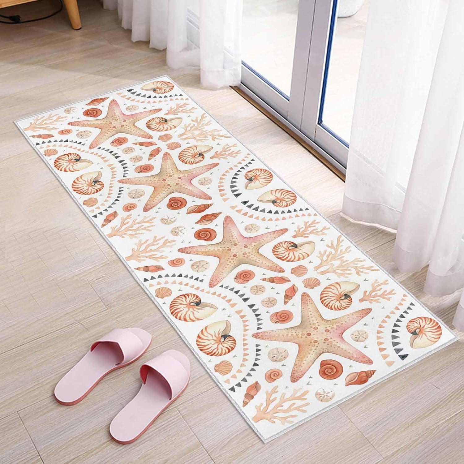 Teamery Kitchen Mats for Floor Watercolor Ocean Starfish Conch Washable Non Slip Kitchen Rugs 1PCS, Coral Shell Marine Life Absorbent Standing Mats for Sink Bathroom Office Living Room 15.7x47.2in