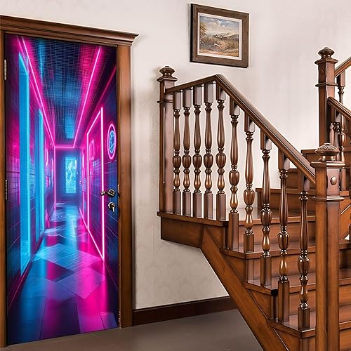 Miniatura 5 de Door Sticker Decals 3D 80s Retro Room Synthwave Sticker Murals Peel and Stick Wallpaper Self-Adhesive Door Poster for Bedroom Living Room 30"x79"