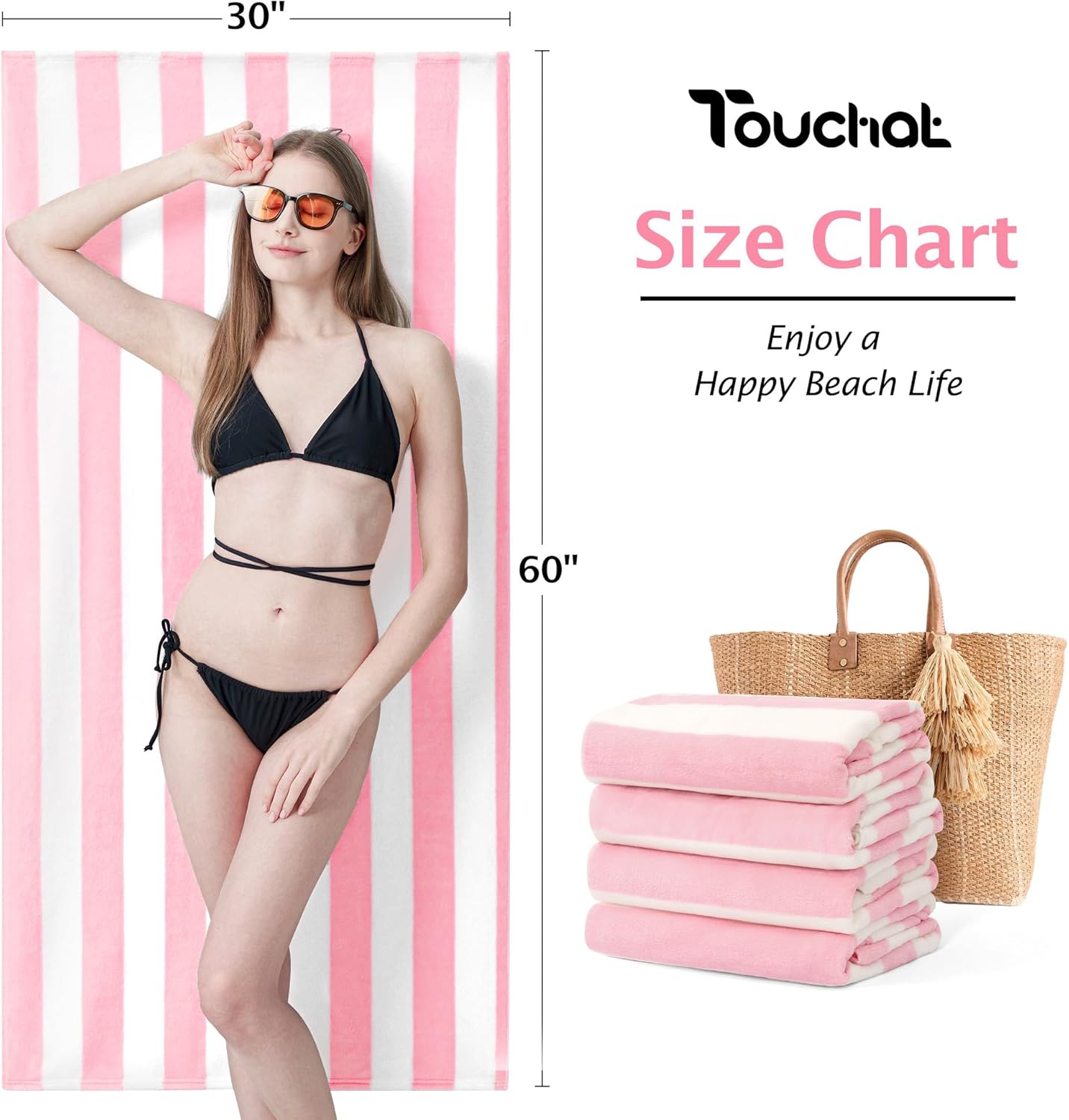 Touchat 4 Pack Beach Towels Cabana Stripe 280GSM Polyester Lightweight Quick-Dry Swim Pool Towel, 30'' x 60'' Oversized Compact Travel Bath Towel, Camping | Ultra-Portable, Multi-Functional, Pink
