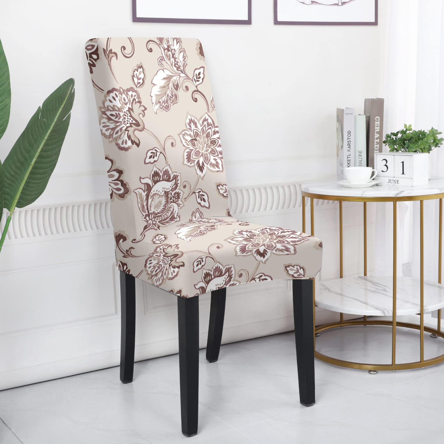 BRIDA® Stretchable Floral Printed Dining Chair Covers Elastic Chair Seat Case Protector, Slipcovers (1 Chair Cover, Floral Beige)