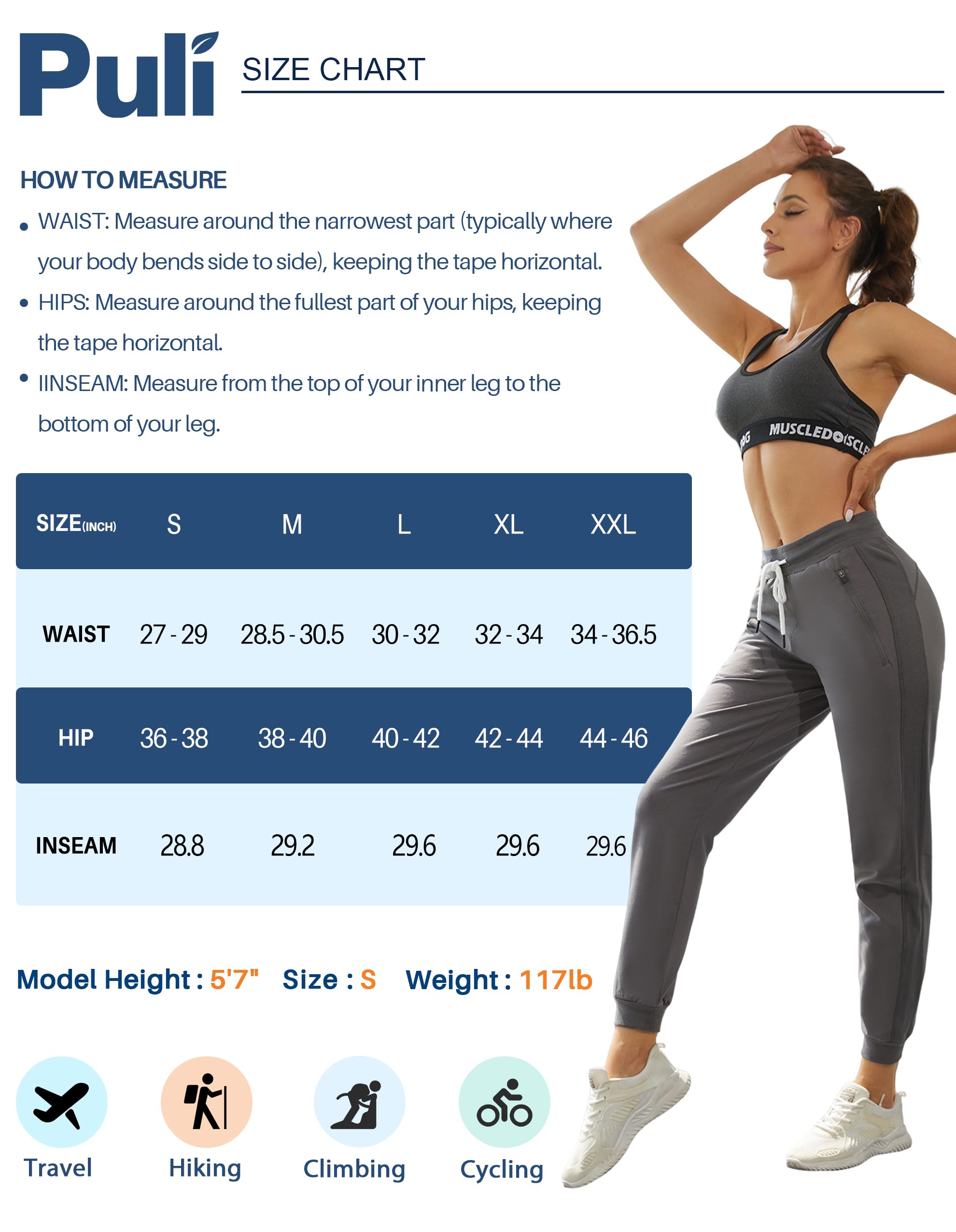 PULI Pantalon de jogging longueur cheville pour femme avec poches et cordon de serrage, Bleu marine, XL