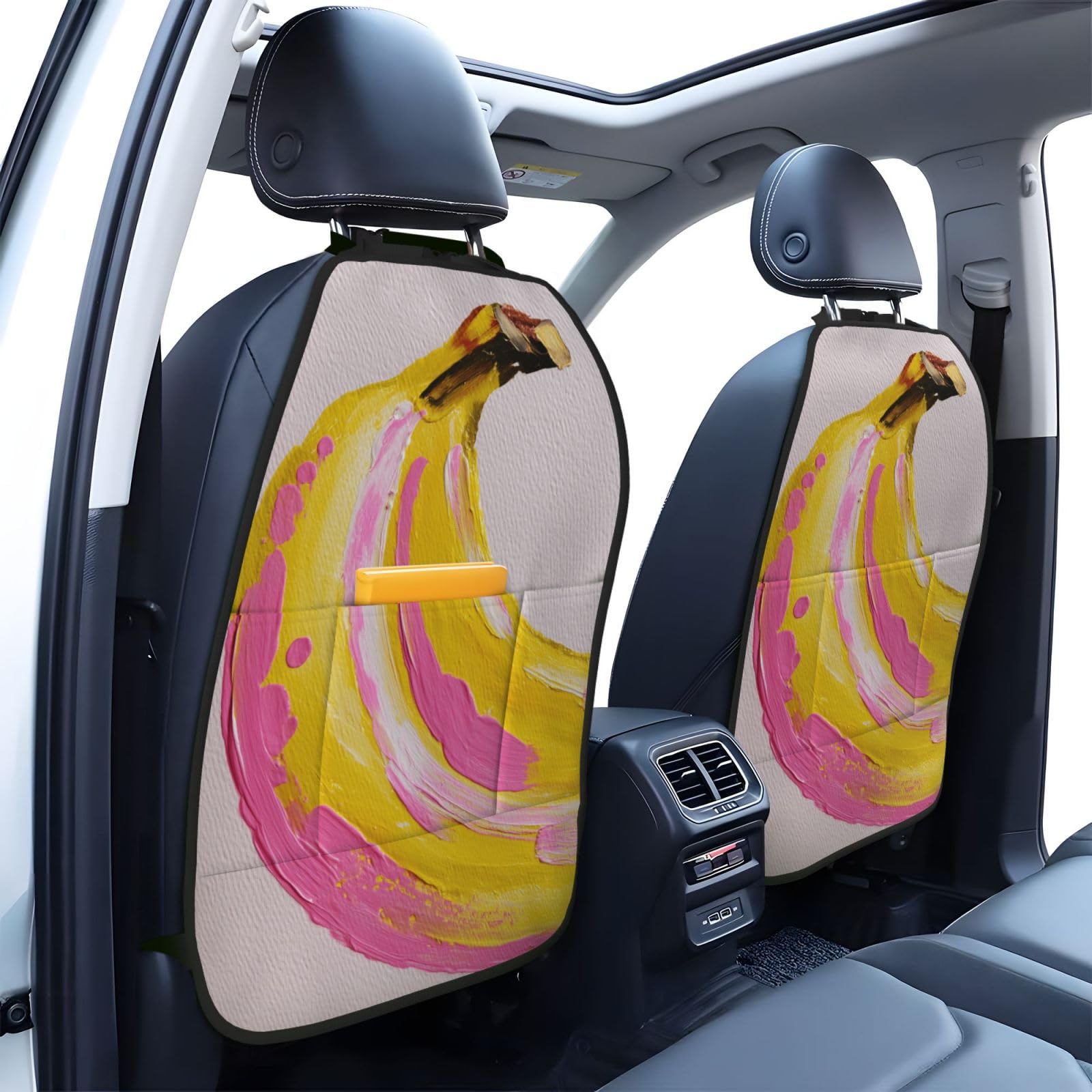 Banana Fruit Gouache Pink Yellow Car Seat Back Kick Protectors,2 Pack Kick Mats with Storage Pockets for Vehicles to Protect from Dirt Mud Scratches