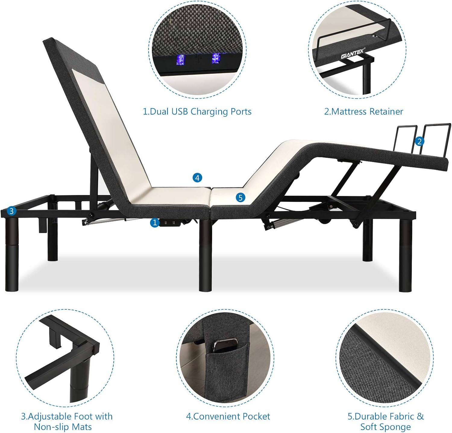 Giantex Adjustable Bed Base with Remote, Zero Gravity Electric Adjustable Bed w/Head and Foot Incline, Vibration Massage, USB Ports, Under-Bed Nightlight, Preset & Memory Positions (Queen)