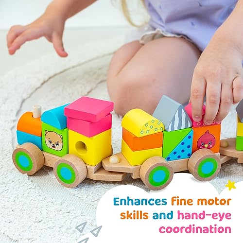 Miniatura 7 de Bimi Boo Juego de 23 piezas de tren apilable de madera para niños pequeños, juego de juguetes de tren apilador de carga con bloques apilables de