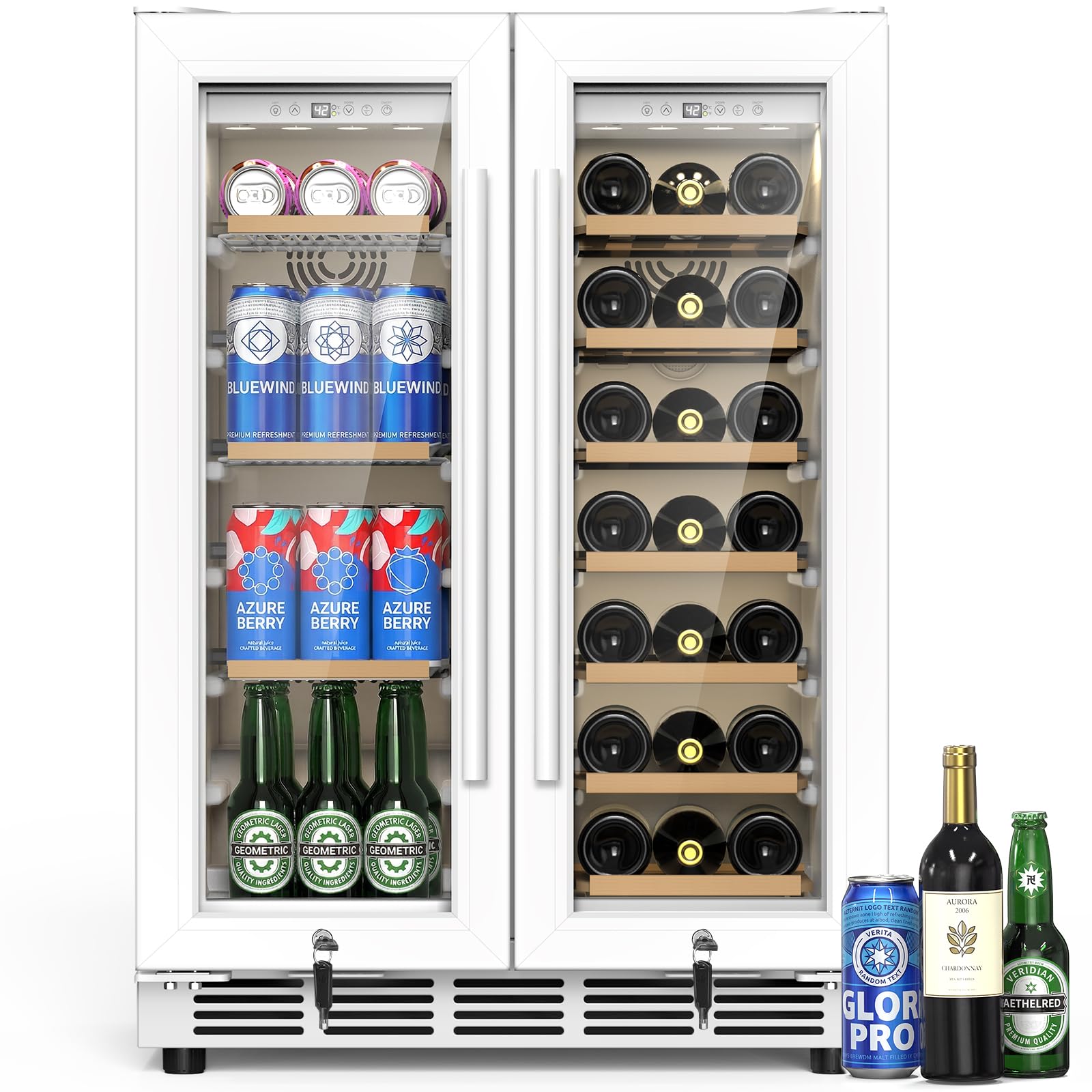 24 Inch Dual Zone Wine and Beverage Refrigerator - Under Counter Built-in/Free Standing Beverage Cooler with Glass Door,Beverage Fridge with Large Capacity, Advanced Cooling System, White