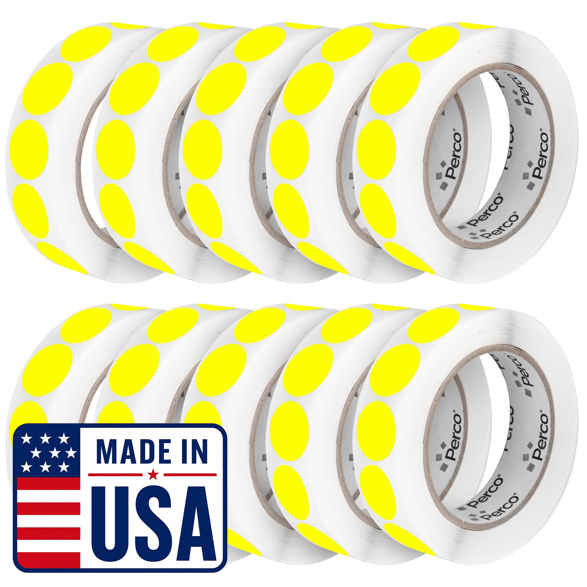 Perco Neon Yellow Perforated Round Circle Dot Sticker 1-Inch Labels — 10 Rolls, 10,000 Stickers — Price Stickers, Notes &amp; Reminder Labels, High Visibility, Strong Adhesive—Made in USA