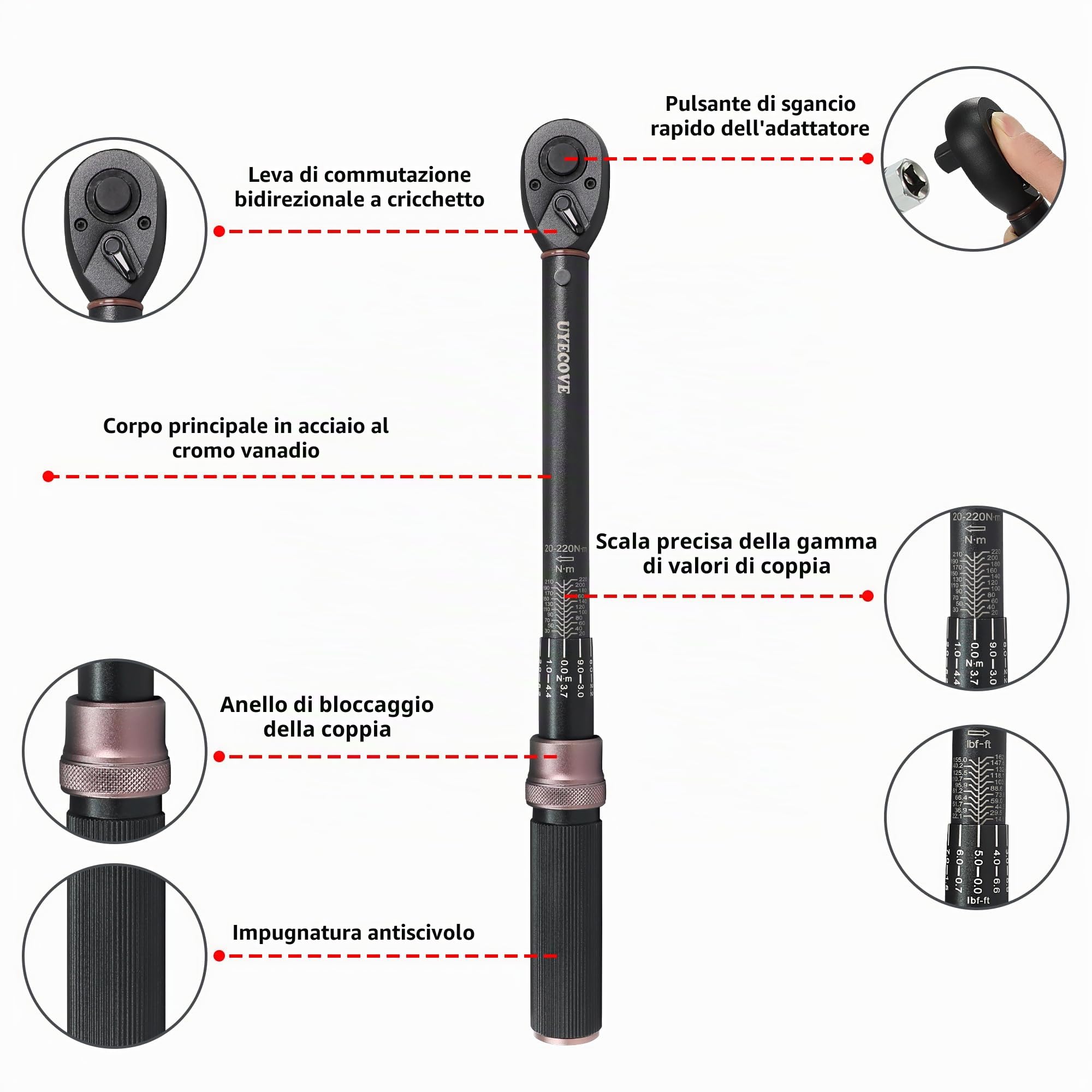 Chiave dinamometrica 1/2" 20-220NM, bici set di da 14 pezzi, chiave dinamometrica auto ±3% di alta precisione, 72 denti