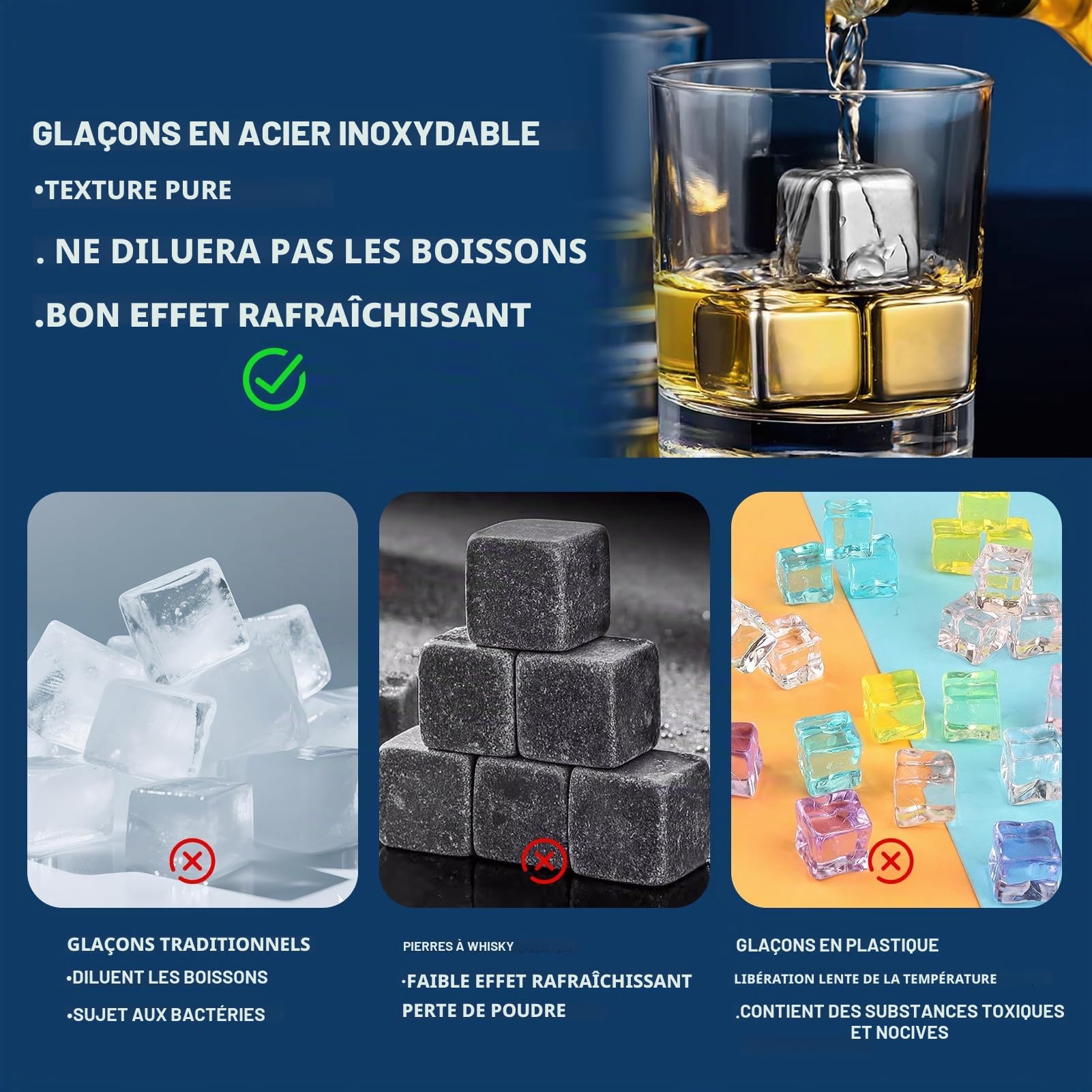 Glaçons Congelés en Acier Inoxydable,Lot de 24 Glaçons en Acier Inoxydable avec Clip,glaçons Réutilisables en acier inoxydable 304 de Qualité Alimentaire Metal Whiskey Stones pour whisky,vin