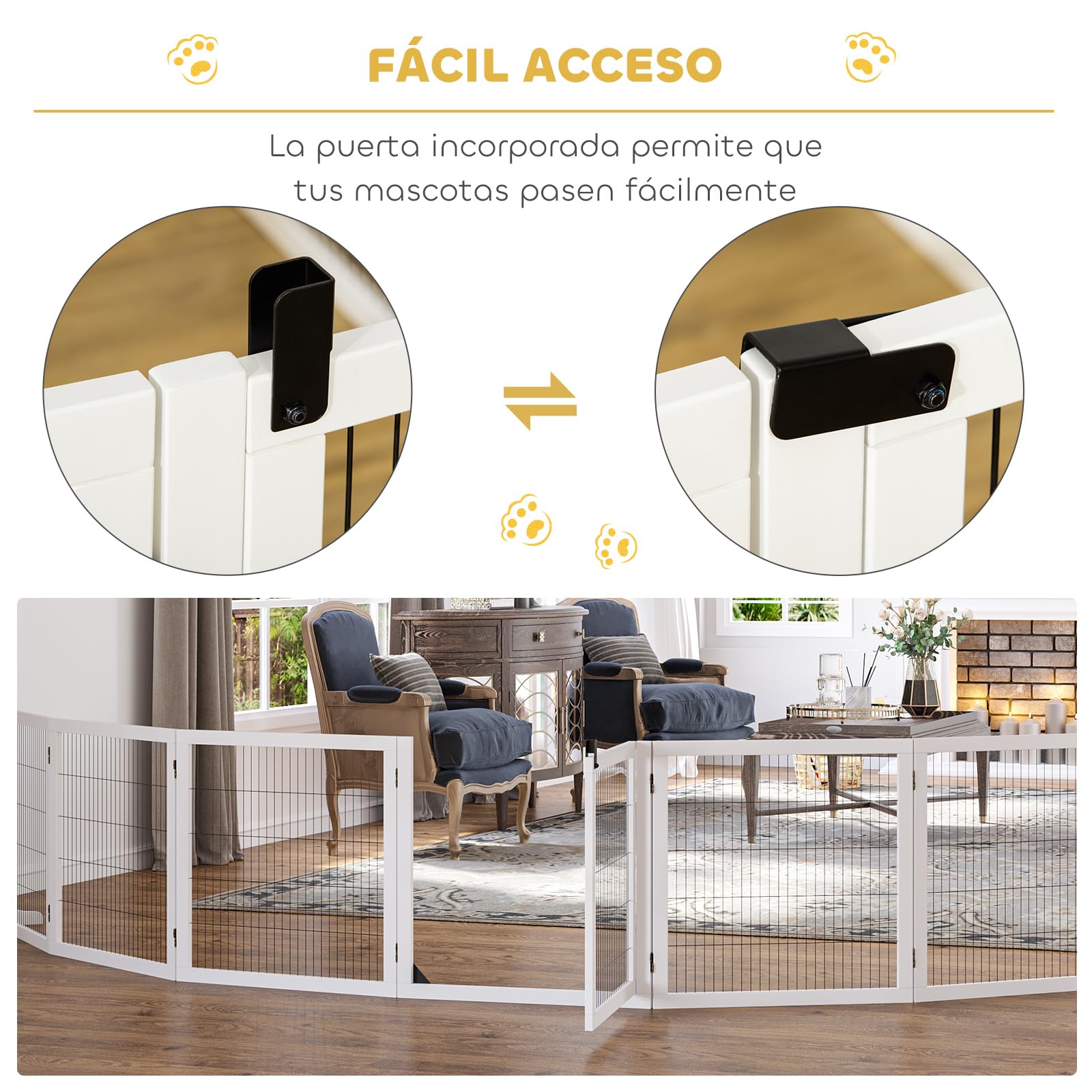 PawHut Barrera de Seguridad para Perros de Madera Plegable, para Escaleras y Puertas, Valla para Perros Pequeños y Medianos de 6 Paneles, con Soporte de Pie, para Interiores, 432x36x70 cm, Blanco