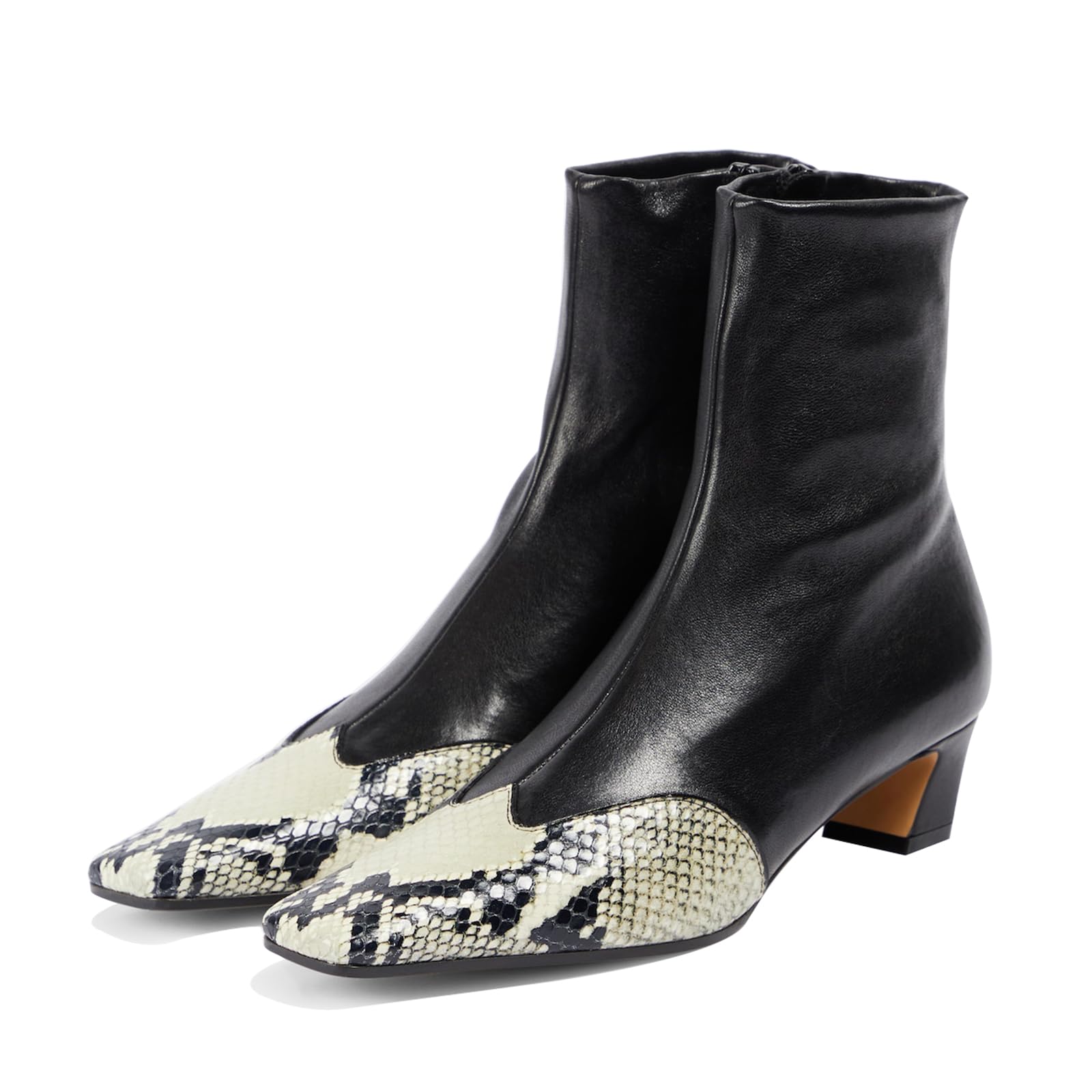 Womens Ankle Boots kitten Block Heel Short Boots Square Toe Splicing Leather Chelsea Dress Booties with Zipper