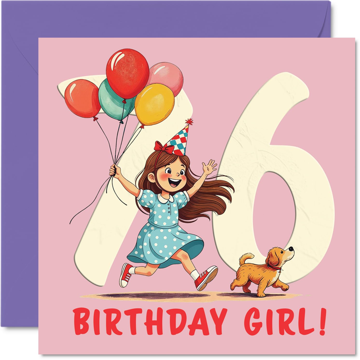 76th Birthday Cards for Women - Balloon Girl - Happy Birthday Card for 76 Year Old Woman Auntie Nanny Wife Sister, 145mm Bday Greeting Cards