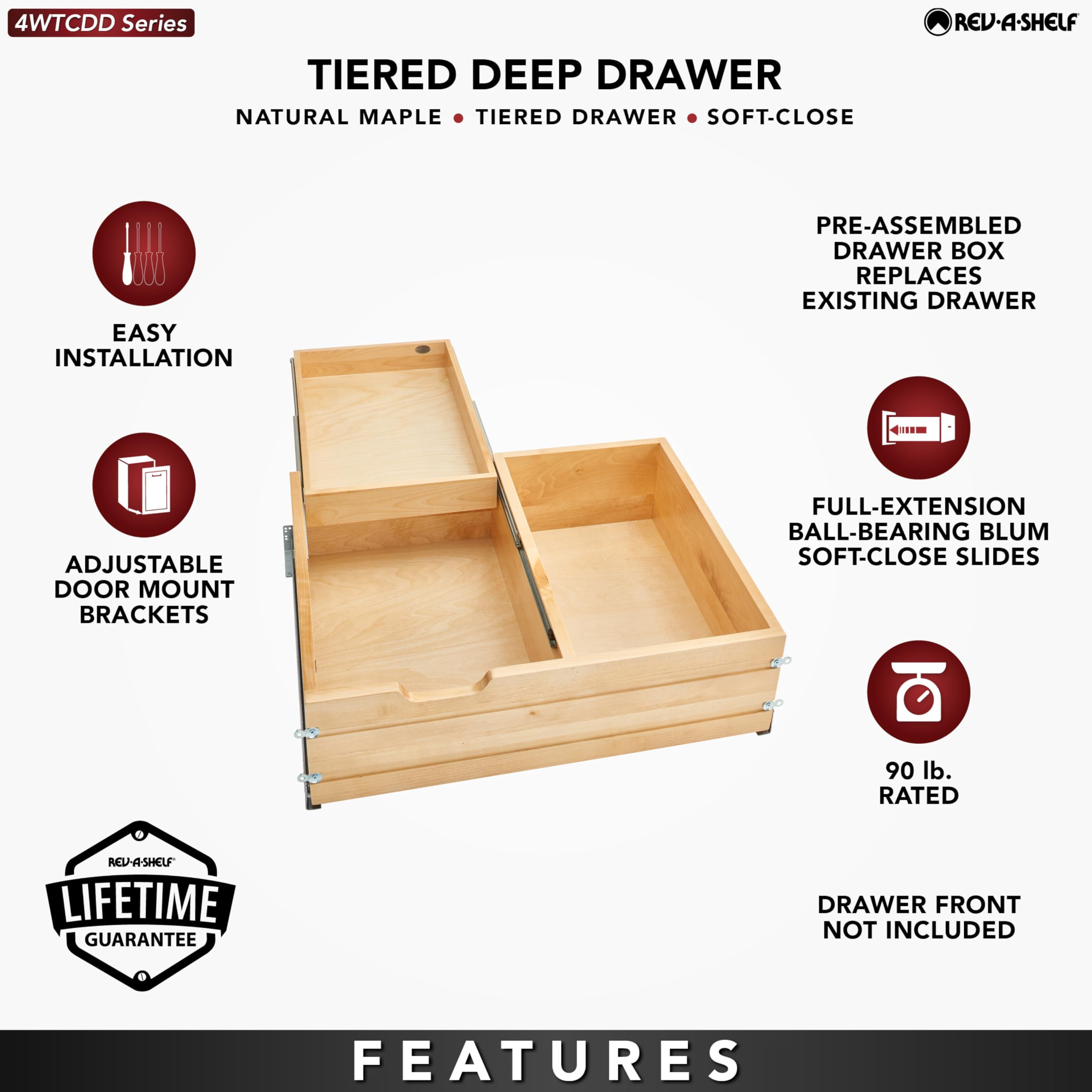 Rev-A-Shelf 4WTCDD-30HSC-1 27 Inch Wide 2 Tiered Kitchen Utensil & Cutlery Pullout Deep Drawer Tray Organizer with Blumotion Soft Close Slides, Wood