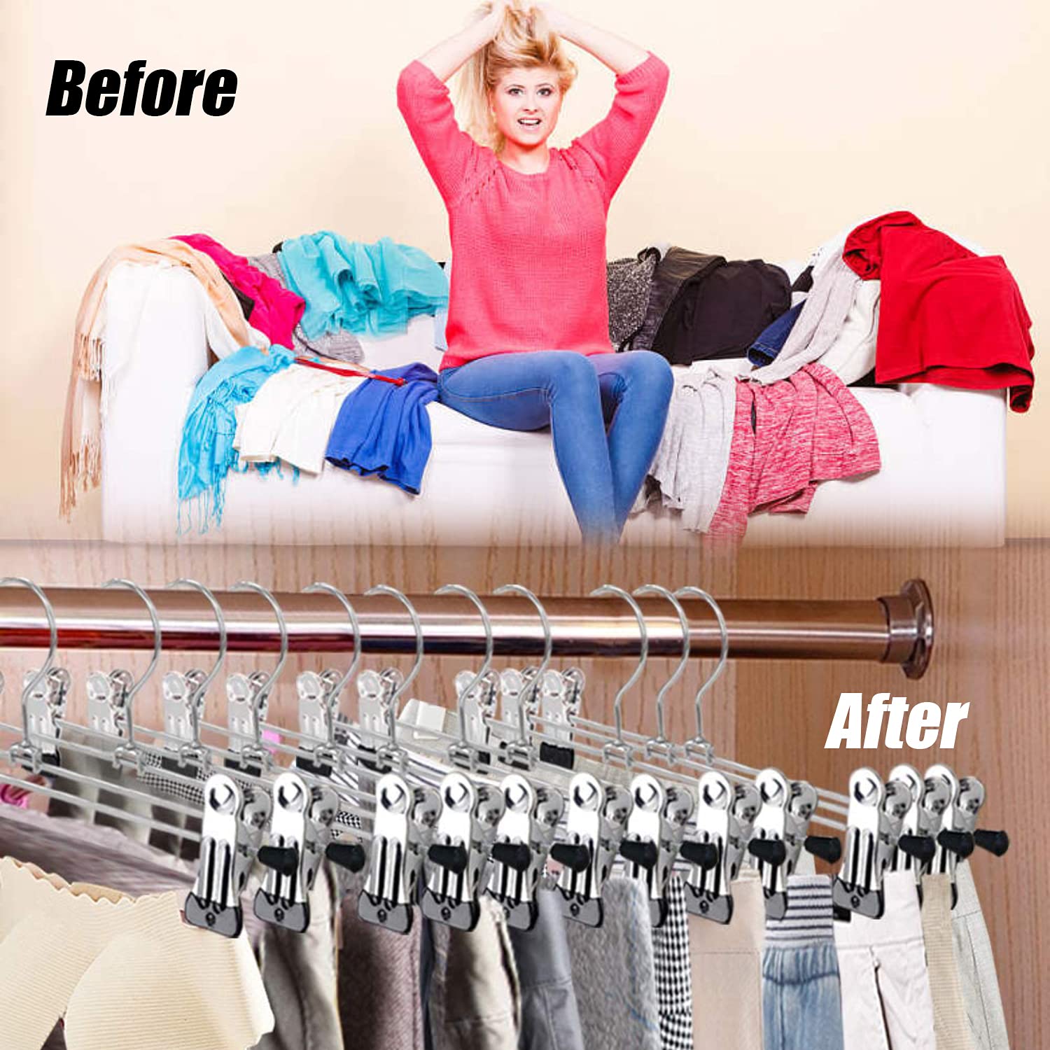 Pack De 20 Perchas Con Pinzas Metálicas Antideslizantes - Acero Inoxidable, Color Beige, Para Pantalones, Faldas, Ropa Interior, Etc.