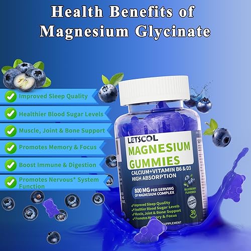 Miniatura 3 de LETSCOL Gomitas de glicinato de magnesio 800 mg por porción, suplemento de magnesio sin azúcar con malato de magnesio, calcio, vitamina D3, B6,
