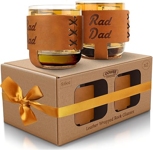 Oowee - Juego de 2 vasos de whisky de 9.6 onzas y vasos de estilo antiguo, gran regalo para hombres, funda fabricada en los Estados Unidos, Rad Dad
