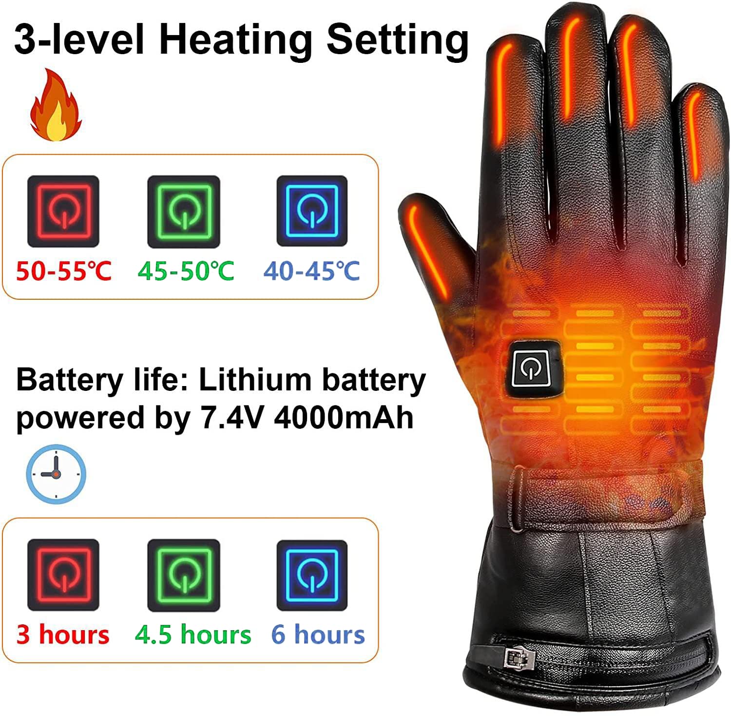 Gants Chauffants Rechargeables 7,4V 4000mAh - Gants Moto Ski Écran Tactile 3 Niveaux Chaleur, Coupe-Vent Imperméables