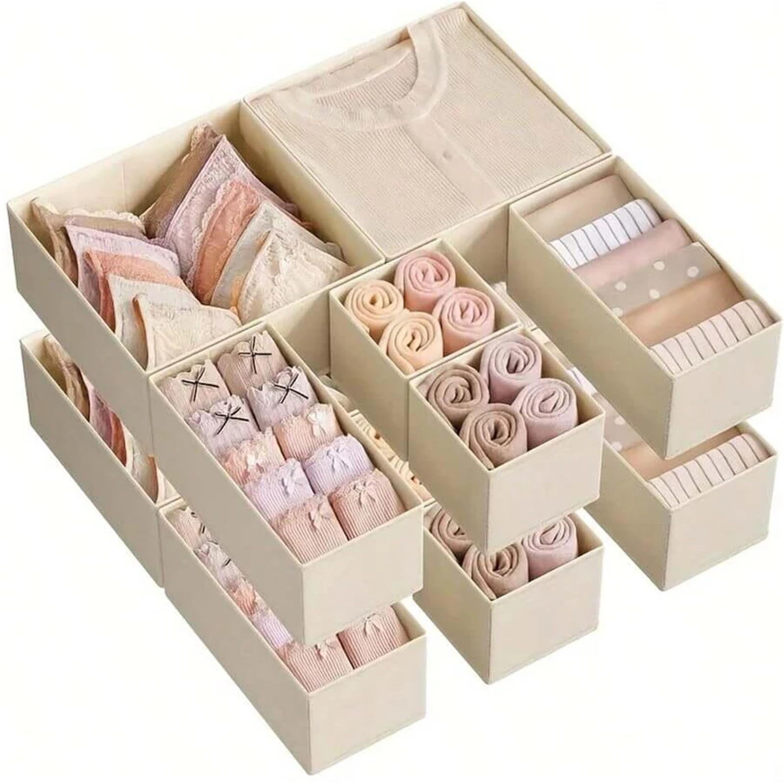 Organizador Calcetines Juego de organizador de ropa interior plegable de 6/12 piezas • Cajas de almacenamiento duras(12 pcs beige)