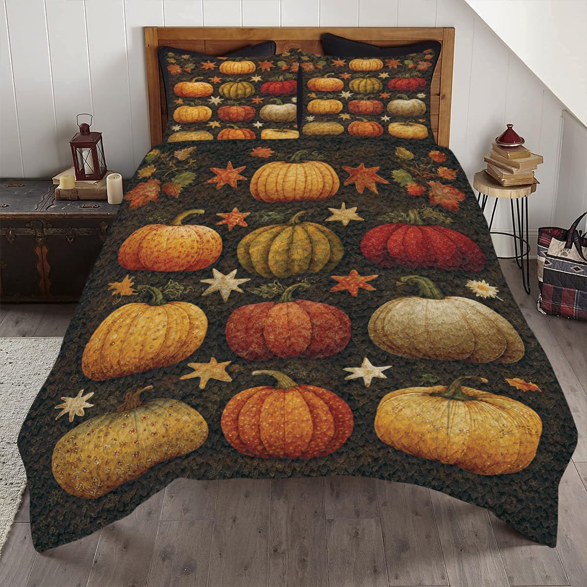 Vintage Autumn Quilt Maple Leaf Patchwork Bedding | Retro Fall Quilt Set for Twin & Queen | Lightweight Autumn Leaf Bed Decor (Autumn Quilt 8)