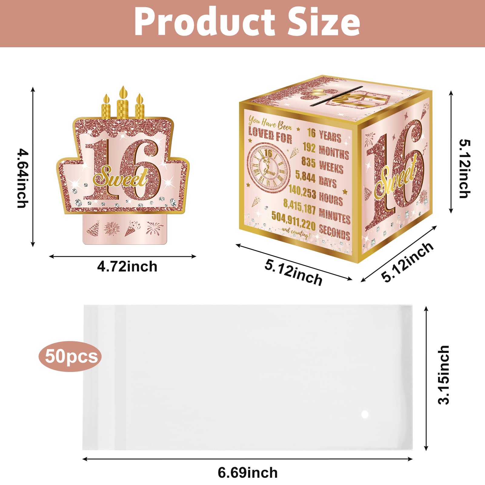 thumbnail image 2 of Sweet 16 Party Decorations, Rose Gold 16th Birthday Money Boxes For Girls, Sweet 16 Money Pull Box, 16 Year Old Surprise Money Boxes Party Supplies Favors 2 of 10