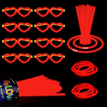 60 Pack 8 Red Glow Sticks Bulk Bright Glow Sticks with 60 Connectors 20 Heart Glasses Glow In The Dark Party Supplies Neon Party Decorations Glow Bracelet Glasses for Holiday CarnivalRed