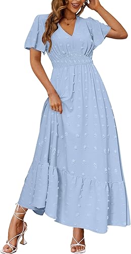 Amegoya Vestido largo de otoño con lunares suizos para mujer, con cuello en V, cintura imperio, vestido de verano, bohemio, vestido de invitada de