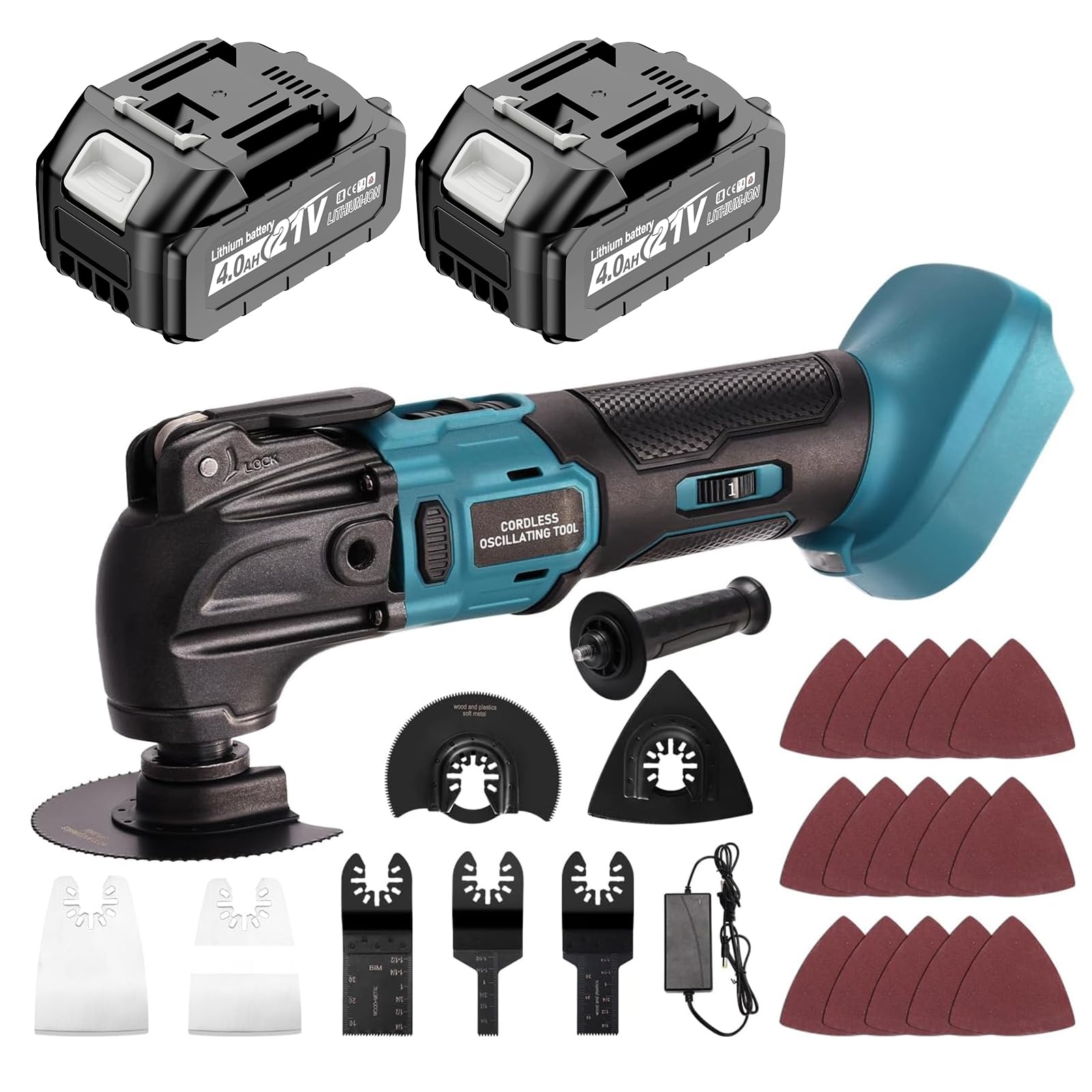 Multiherramienta Oscilante, Herramienta Multifunción Inalámbrica Sin Escobillas Para 2 baterías PCS 21V 4.0Ah, Kit De 26 PCS con Mango Adicional Para Corte, 6 Variables, 8500-22000 rpm
