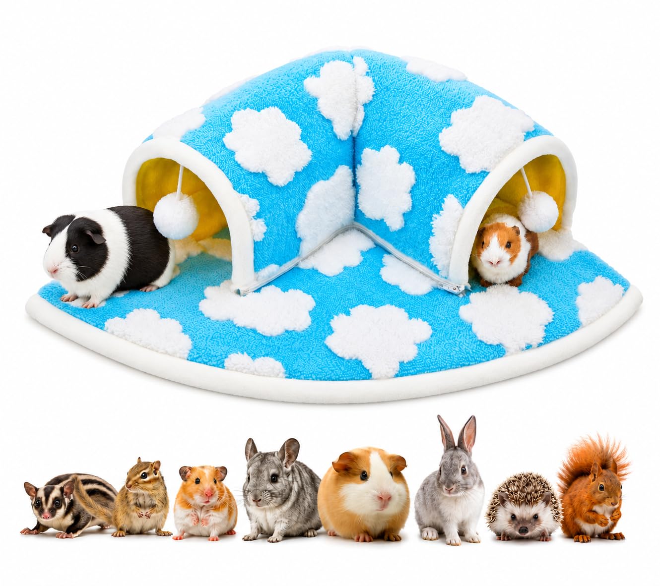Avont Guinea Pig Hideout Tunnel Bed, Large Washable Hideaway House with Play Tunnel for Small Animals, Chinchillas Hamsters Chipmunks Dwarf Rabbits Rats -Cloud