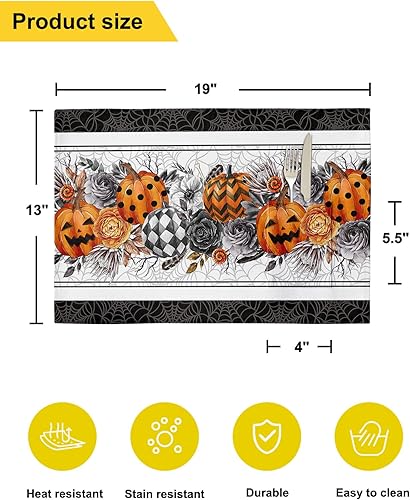 Miniatura 6 de Juego de 4 manteles individuales para mesa de comedor de Halloween, manteles individuales de algodón y lino con bolsillo, arpillera cuadrada,