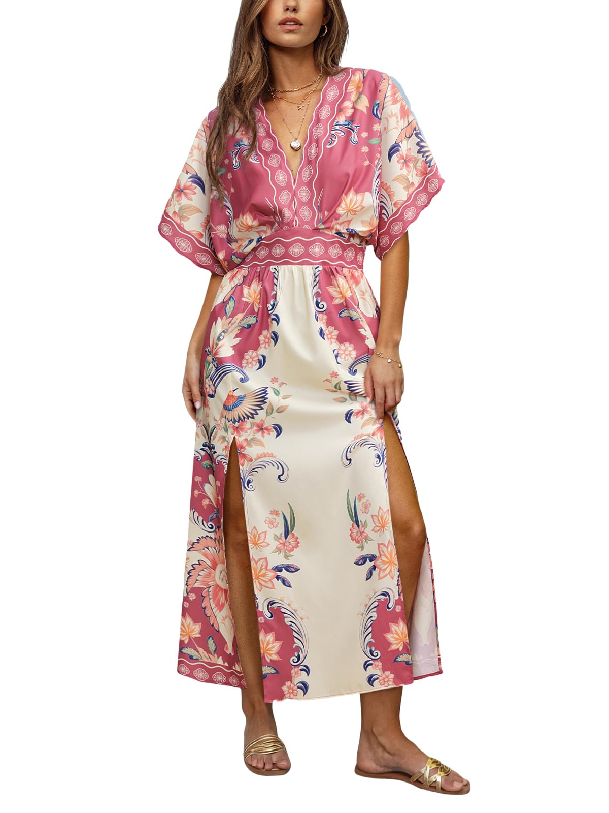 CUPSHE Damen Sommerkleid Dolman-Ärmel Blumenmuster Seitenschlitz Maxikleid