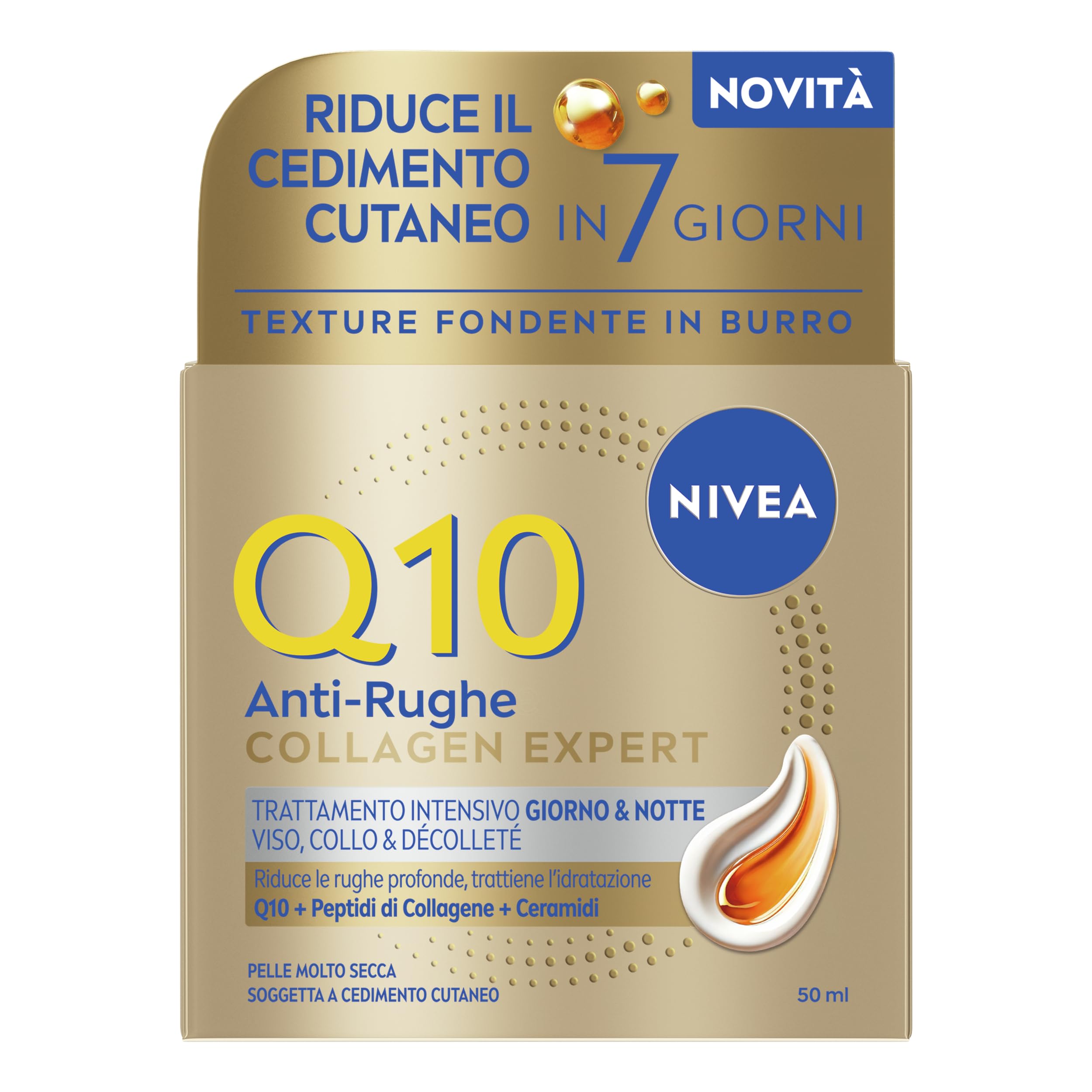 NIVEA Q10 Collagen Expert Trattamento Intensivo Giorno & Notte 50 ml, Crema Collagene viso, collo e dècolletè con Coenzima Q10, Crema antirughe viso idratante, Skincare per pelle molto secca e matura