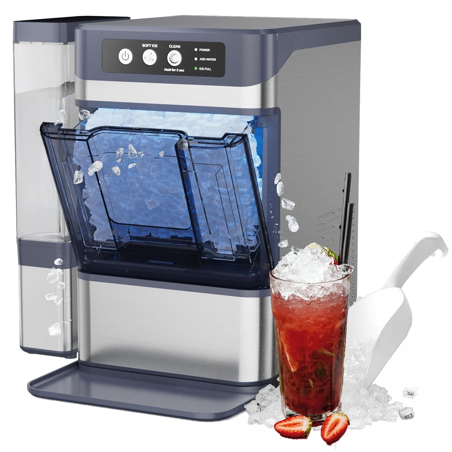 Countertop Nugget Ice Maker 40Lbs/24H with Side Tank, Pellet Ice Maker Self-Cleaning, Soft Chewable Pellet Ice Ready in 5 Min, Nugget Ice Machine for Home/Party/RV/Camping
