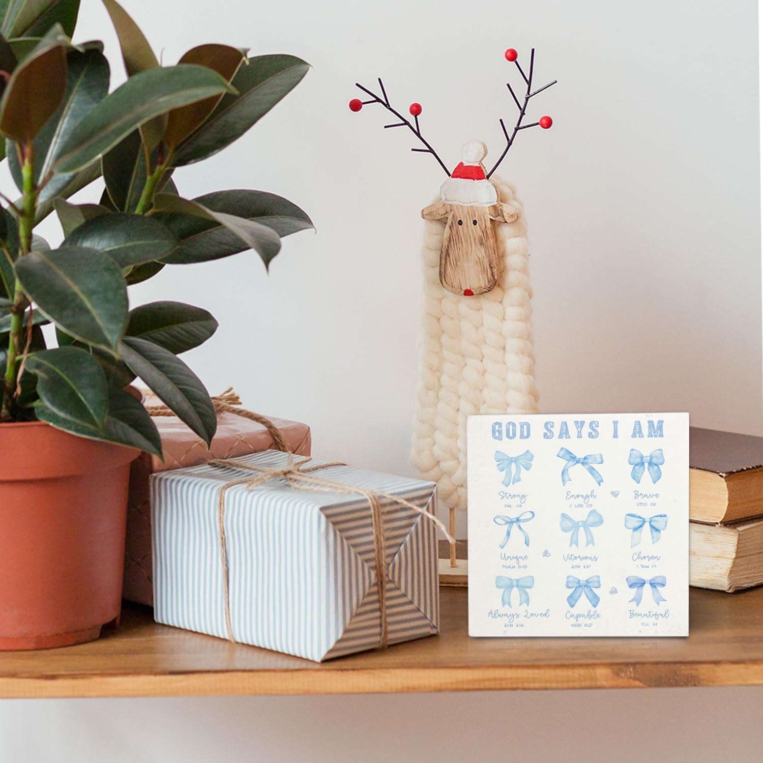 Coquette Blue Bow Christian Bathroom Wooden Signs,Coquette Room Decor,Blue God Says I Am Wooden Box Sign,Preppy Bow Bible Verse Decor For Girls Room Bedroom Desk Shelf Tabletop 5x5 Inches image 2