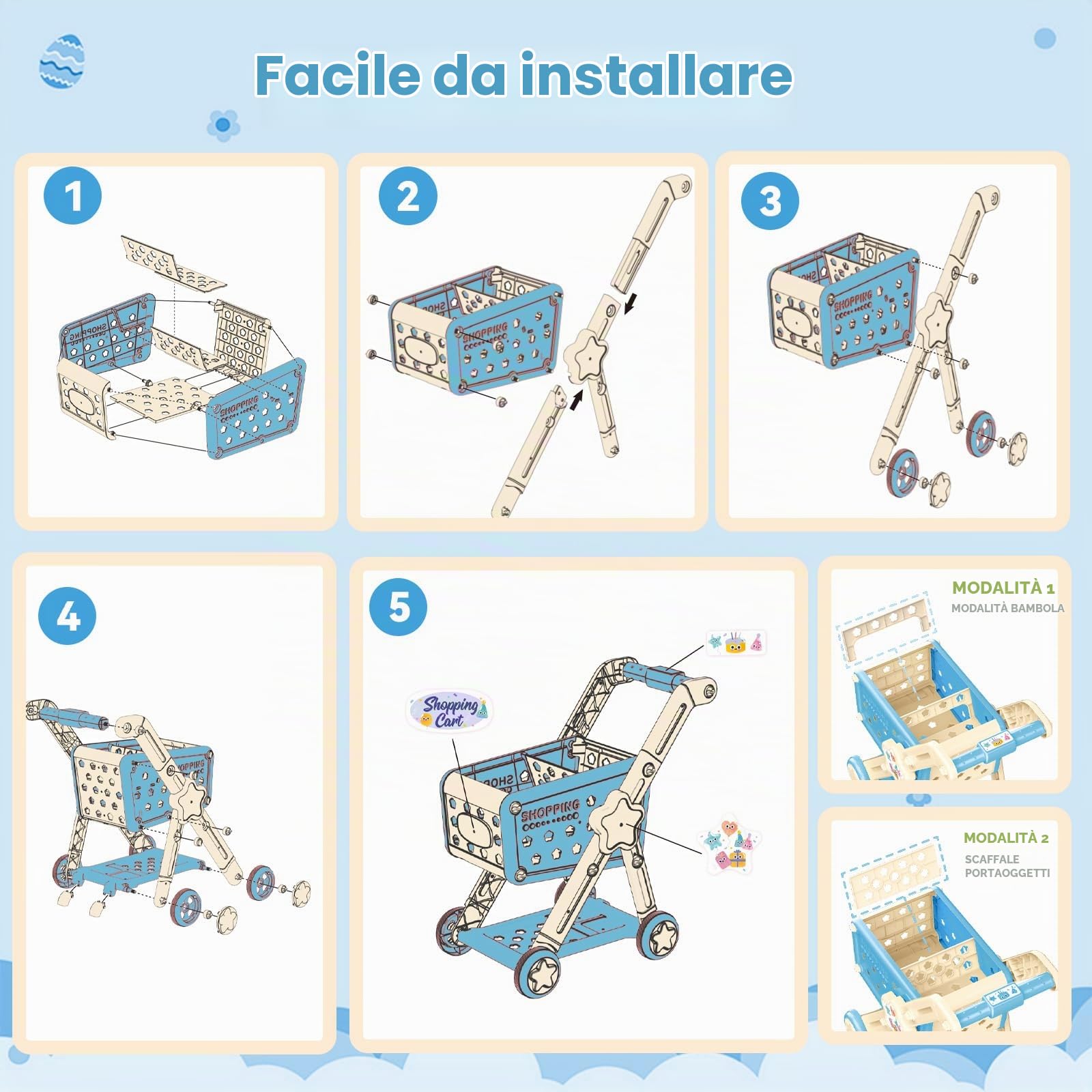 RedCrab Carrello Spesa Giocattolo con Scanner, 74 Pcs Accessori per Negozi: Calcolatrice, Carte di Credito, Frutta e Cibo, Gioco di Ruolo Giocattolo per Ragazzi e Ragazze 3+ Anni (Blu)