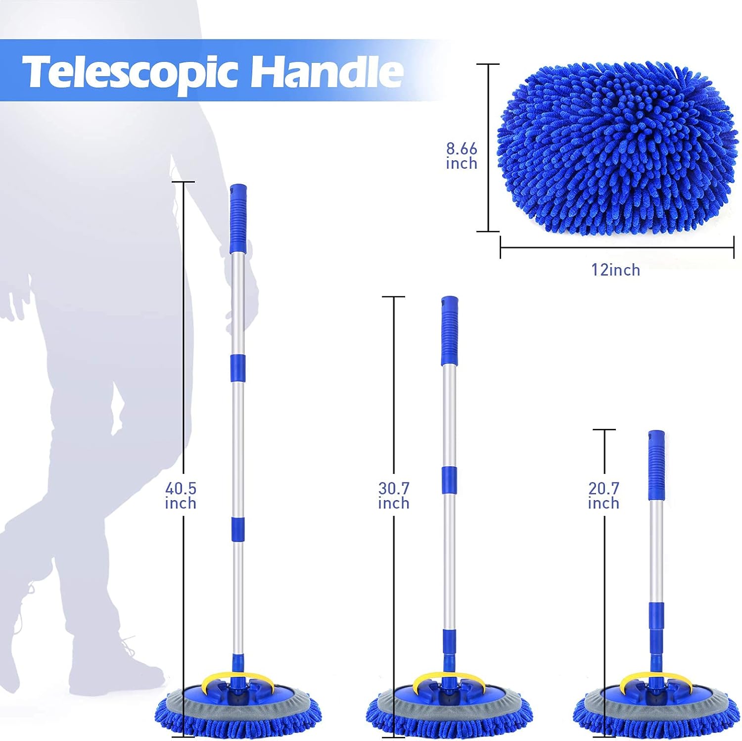 Conliwell 2 in 1 Car Wash Brush Mop Mitt Kit, Car Cleaning Kit Brush Duster, 45" Aluminum Alloy Long Handle, 2Pcs Chenille Microfiber Mop Heads, Extension Pole, Scratch Free Car Cleaning Tool Supplies : Automotive