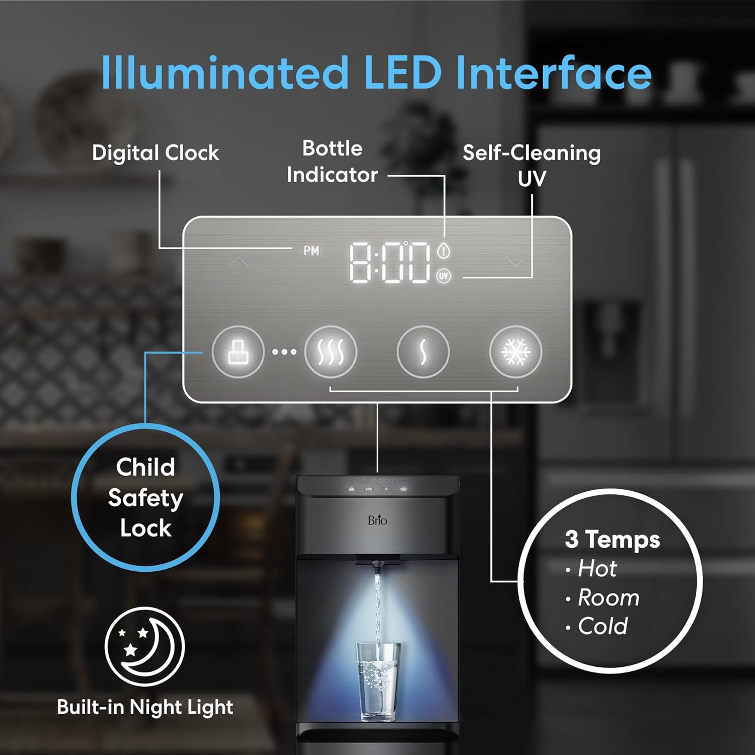 Brio Moderna CLBL730SC Self-Cleaning Bottom Load Water Cooler Dispenser for 3 & 5 Gallon Bottles – Tri-Temp w/Fast-Dispense, 11.5" Dispense Height, 24/7 Illuminated Display, Silver Stainless Steel image 6 of 9 B0BYQQMQ8L