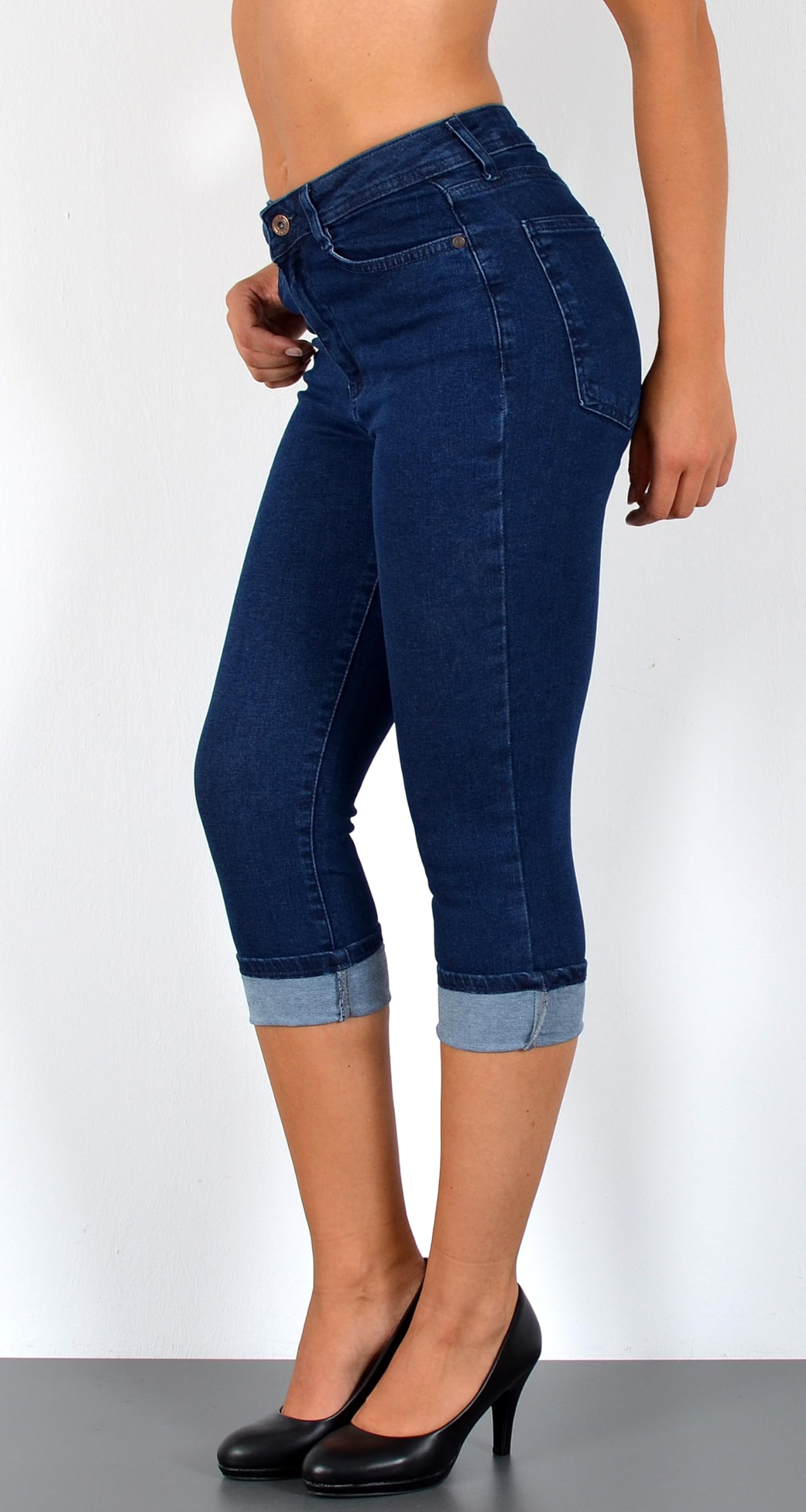 ESRA Damen Capri Hose Damen High Waist Caprihose Kurze Jeans Hose hoher Bund bis Übergröße C21
