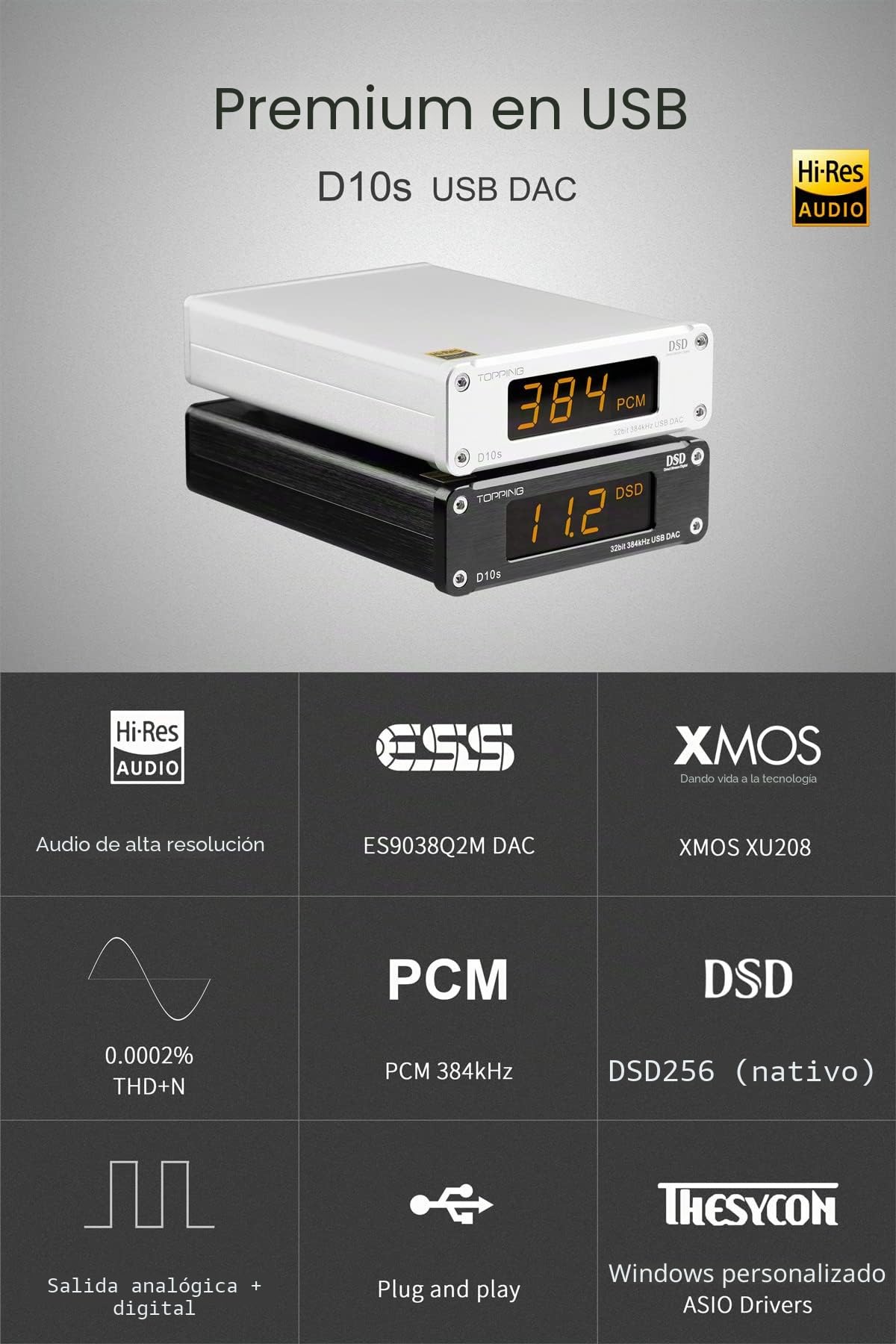 Topping D10s Mini USB DAC ES9038Q2M XMOS XU208 PCM384kHz DSD256 Amplificador de audio nativo Decodificador Negro