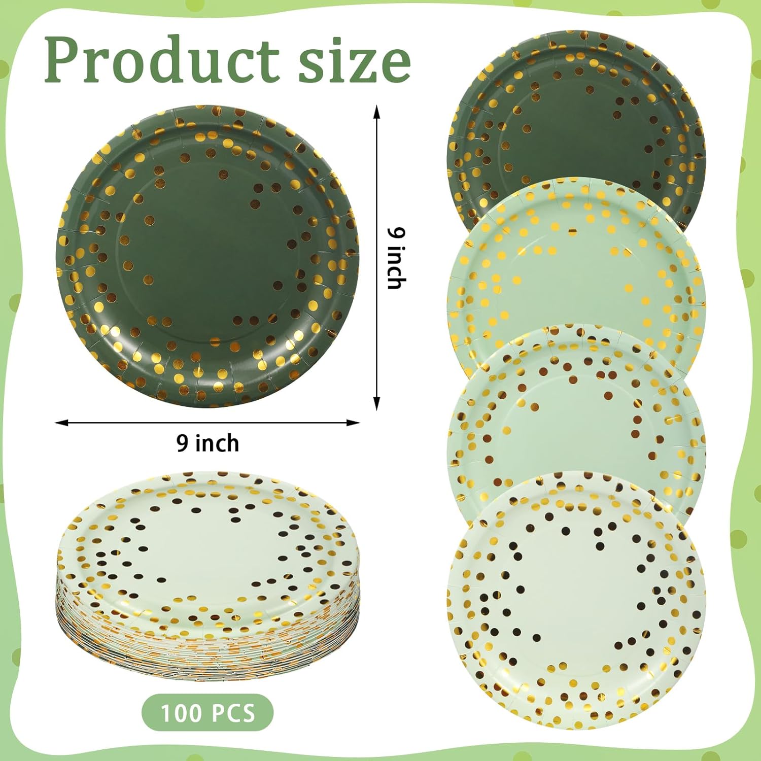 Suclain 100 Pcs Sage Green Paper Plates 9 Inch Disposable Dinner Dessert Gold and Green Party Plates for Birthday Wedding Baby Shower Bridal Shower Party Decorations Supplies - Image 2