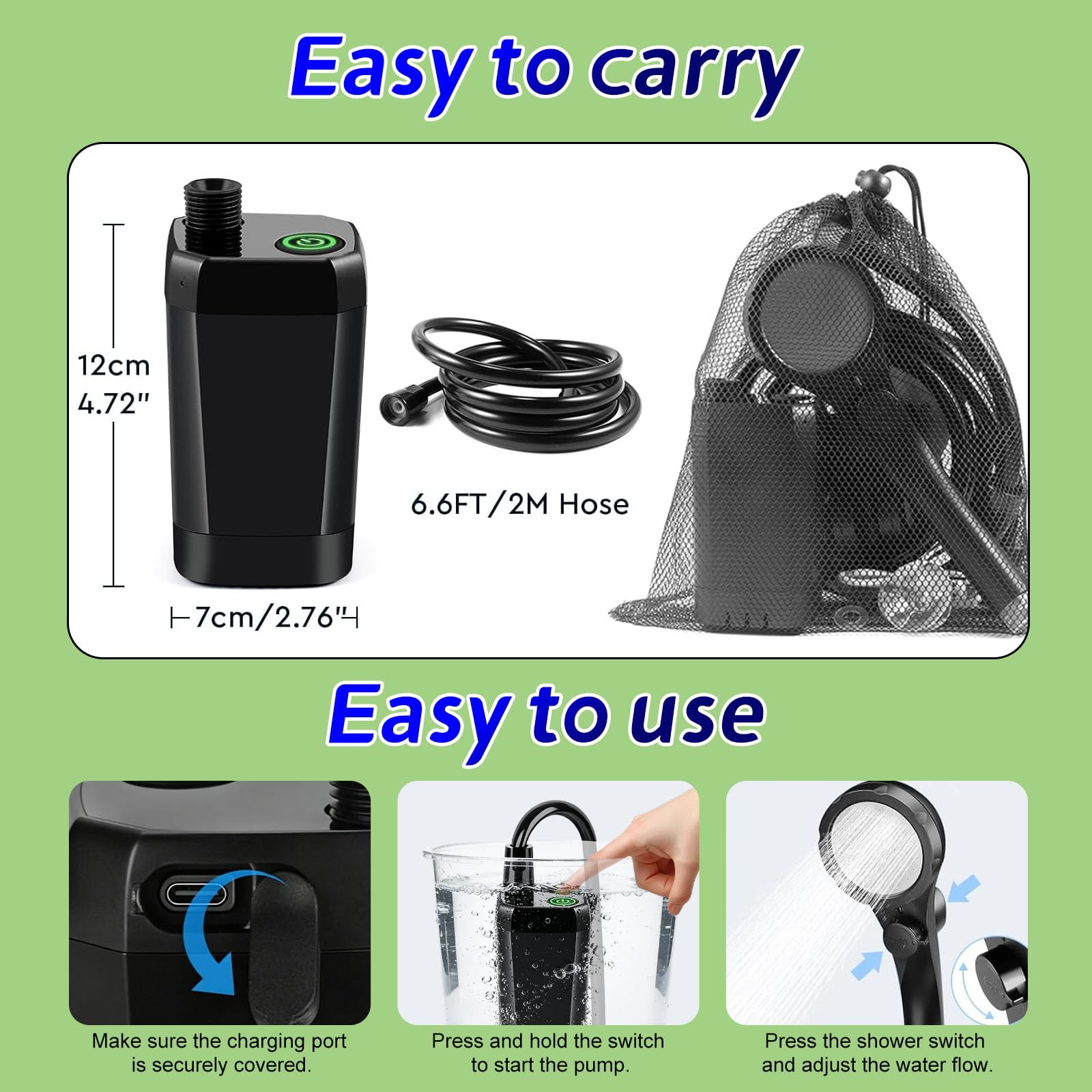 Doccia da Campeggio Portatile con Display LED – Pompa, Soffione, Impermeabilità IPX7 per Esterno, Giardino, Spiaggia, Auto, Animali