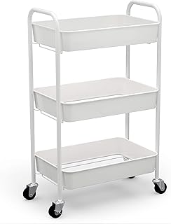 CAXXA 3-Tier Rolling Metal Storage Organizer - Mobile Utility Cart Kitchen Cart with Caster Wheels, White