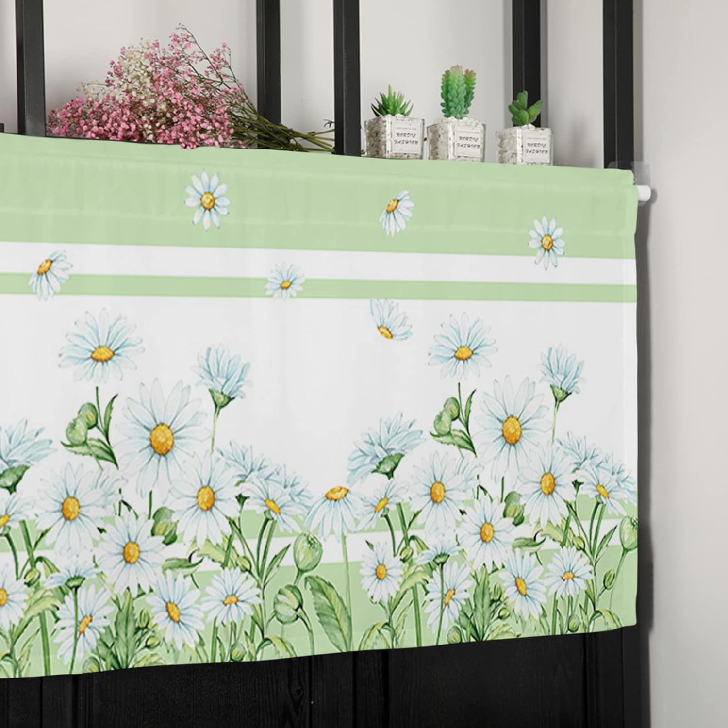 Spring Daisy Valance Curtains Spring Flower Summer Floral Farmhouse Rustic Light Green Linen Texture Kitchen Valance Rod Pocket Window Treatments for Kitchen Bathroom Bedroom 54x18 Inch