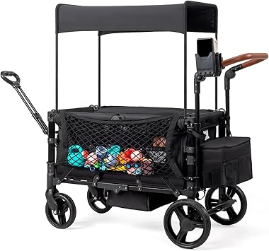 Stroller Wagon for 2 Kids with Footwell, Foldable All-Terrain Wagon Stroller with Adjustable Push/Pull Handle, Canopy, Parent Organizer, 5-Point Harness, Ideal for Travel & Outdoor Adventures (Black)