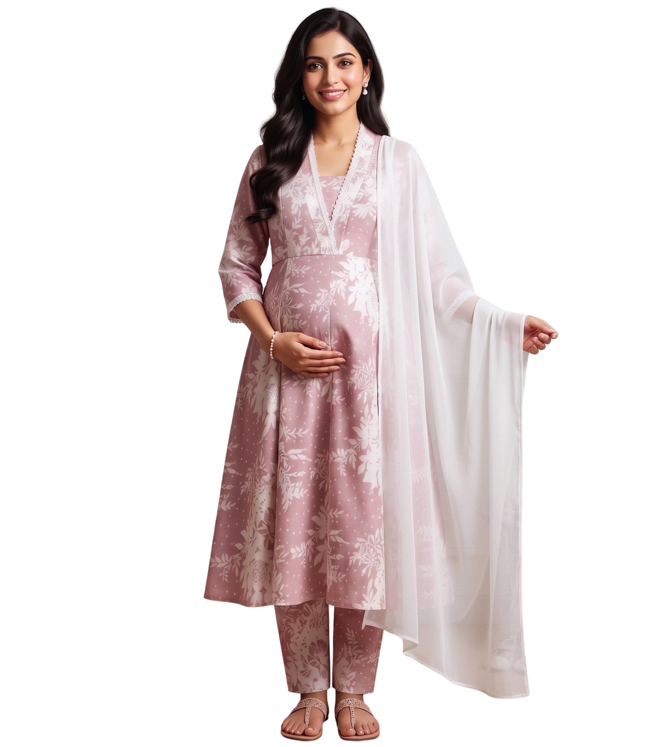 DUMMY SHAPE Maternity Dresses for Women Cotton | Floral Anarkali Kurta Pant Suit Set with Nursing Zippers, Side Pocket to Pre & Post Pregnancy | Baby Shower Gifts for Mom-image-14