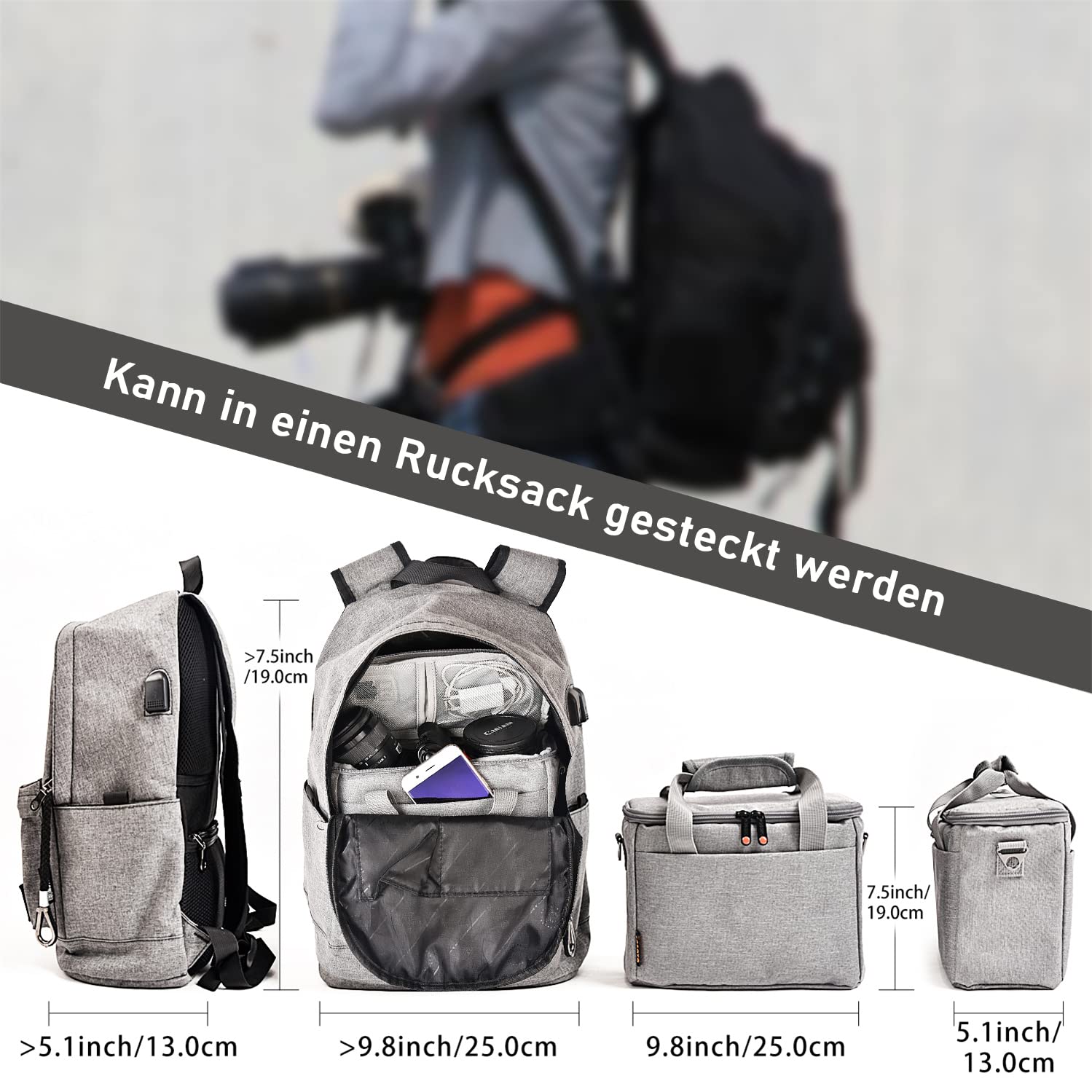 FOSOTO DSLR-Kameratasche für Spiegelreflexkameras und Zubehör Grau, SLR Kameratasche Klein mit Regenschutz Kompatibel mit Nikon D3400 D5600 D5500 D7500,Canon EOS 4000D 2000D M50,Sony A7R A6400 A6100