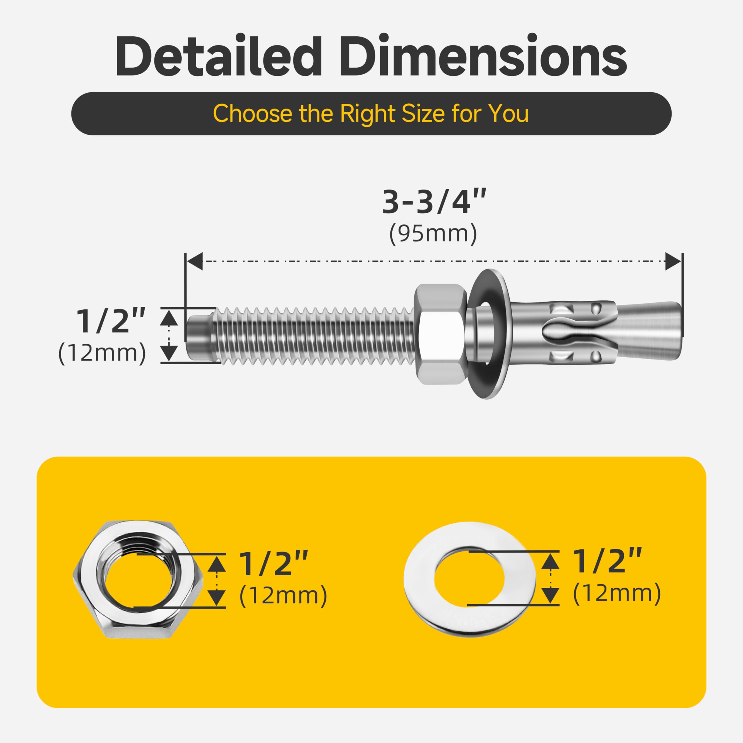 Mywish Confezione da 25 tasselli a cuneo in acciaio inox 304 da 1/2" x 3-3/4" per calcestruzzo e cemento, finitura liscia, resistenti, 1/2", in acciaio inox, per muratura, per esterni