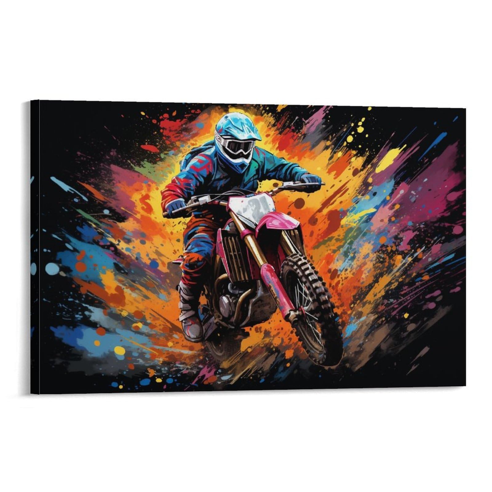 CPLVKWRQJ Bright Magical Colorful Single Dirt Bike Rider Vibrant Art Canvas Wall Decor - Kitchen Removable Wall Art Multi-Purpose Focal Point Decor 16x24inch(40x60cm)