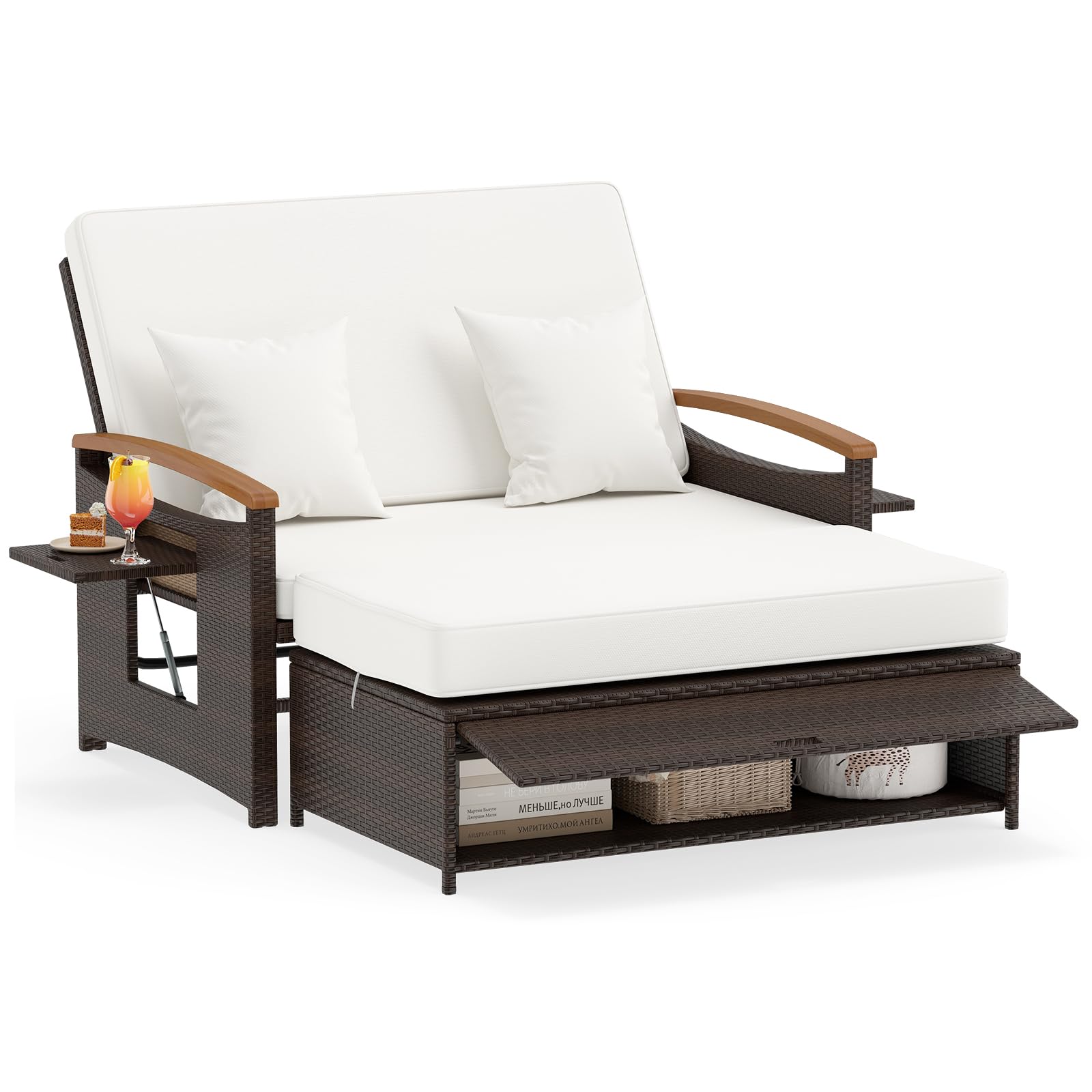 COSTWAY Polyrattan Sonnenliege, Gartenliege mit Verstellbarer Rückenlehne & ausklappbarem Seitenablage, Loungebett, Doppelliege mit Auflage, Gartensofa mit Hocker für Garten, Balkon