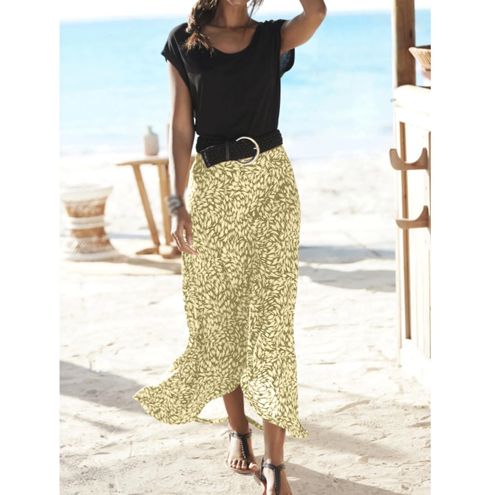 DUddTTW Fishtail Women's Midi Skirt Floral Elastic Waisted Swing Skirt Ankle Length Skirts Midi Length Flowy Skirt Maxi Skirts Vacation(Lemonyellow,Lagre)