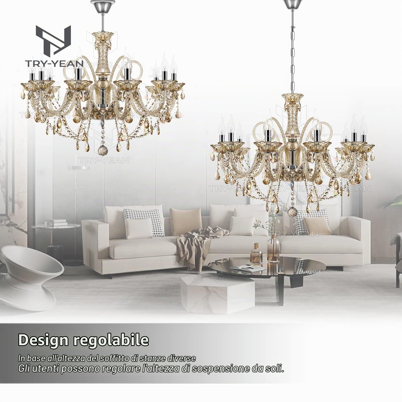 Lampada a 10 Braccia Moderno Lampadario in Cristallo Sospensione Cognac E14 Plafoniera Soffitto K9 Illuminazione Candela Regolabile per Camera da Letto, Soggiorno, Sala da Pranzo, Corridoio