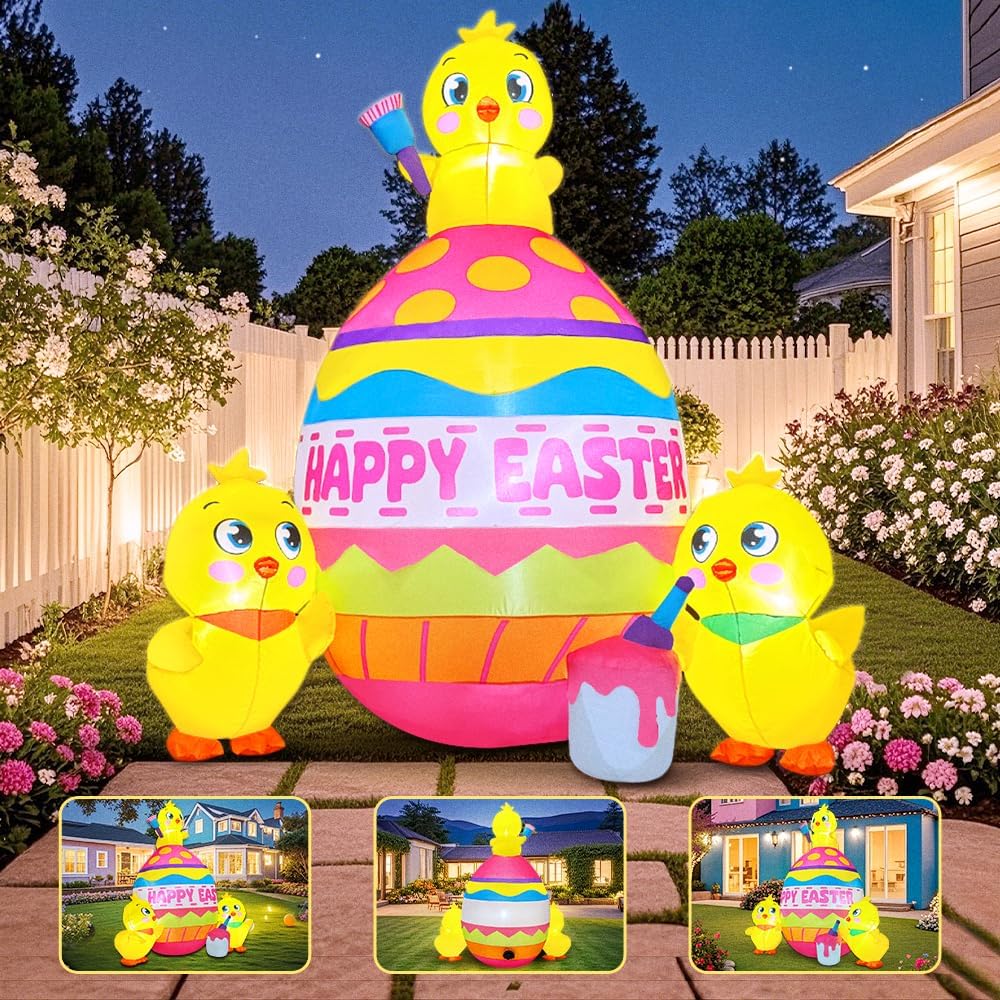 5.5FT Easter Inflatable Three Chicks with Colorful Eggs Decorations, Blow up Yard Decorations with Led Lights for Holiday Party Garden Lawn Decor - Image 3